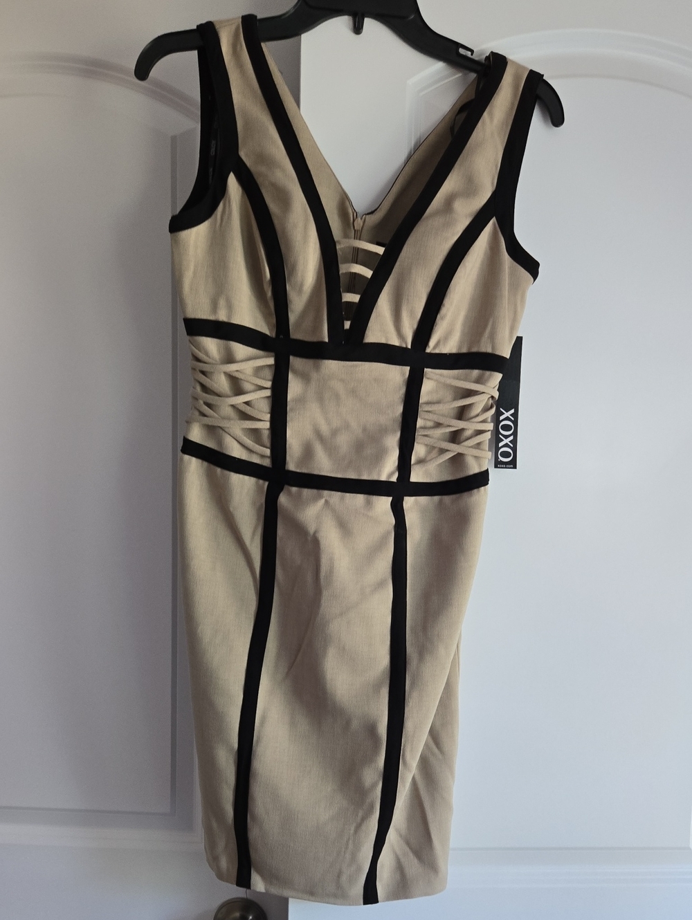 XOXO Beige Midi Dress with Black Trim